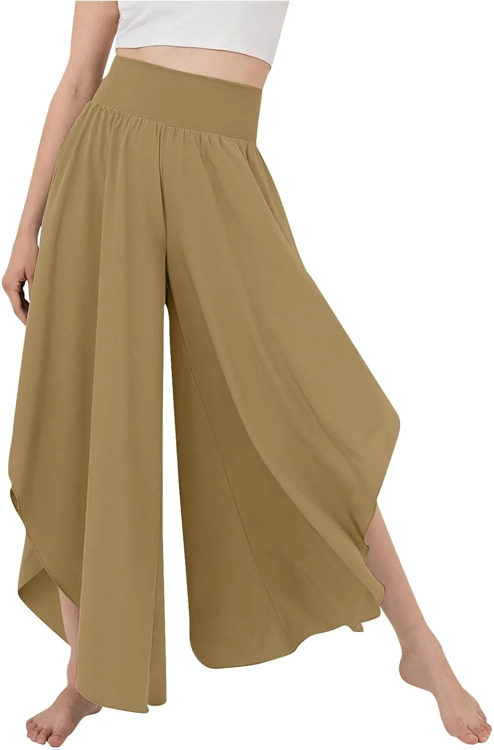 Gumipy Women Flowy Ruffle Wide Leg Pants High Waisted Elastic Waistband Palazzo Pants Flare Yoga Pants Soft Pilates Pants