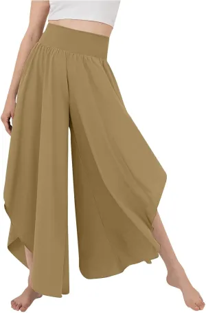 Gumipy Women Flowy Ruffle Wide Leg Pants High Waisted Elastic Waistband Palazzo Pants Flare Yoga Pants Soft Pilates Pants