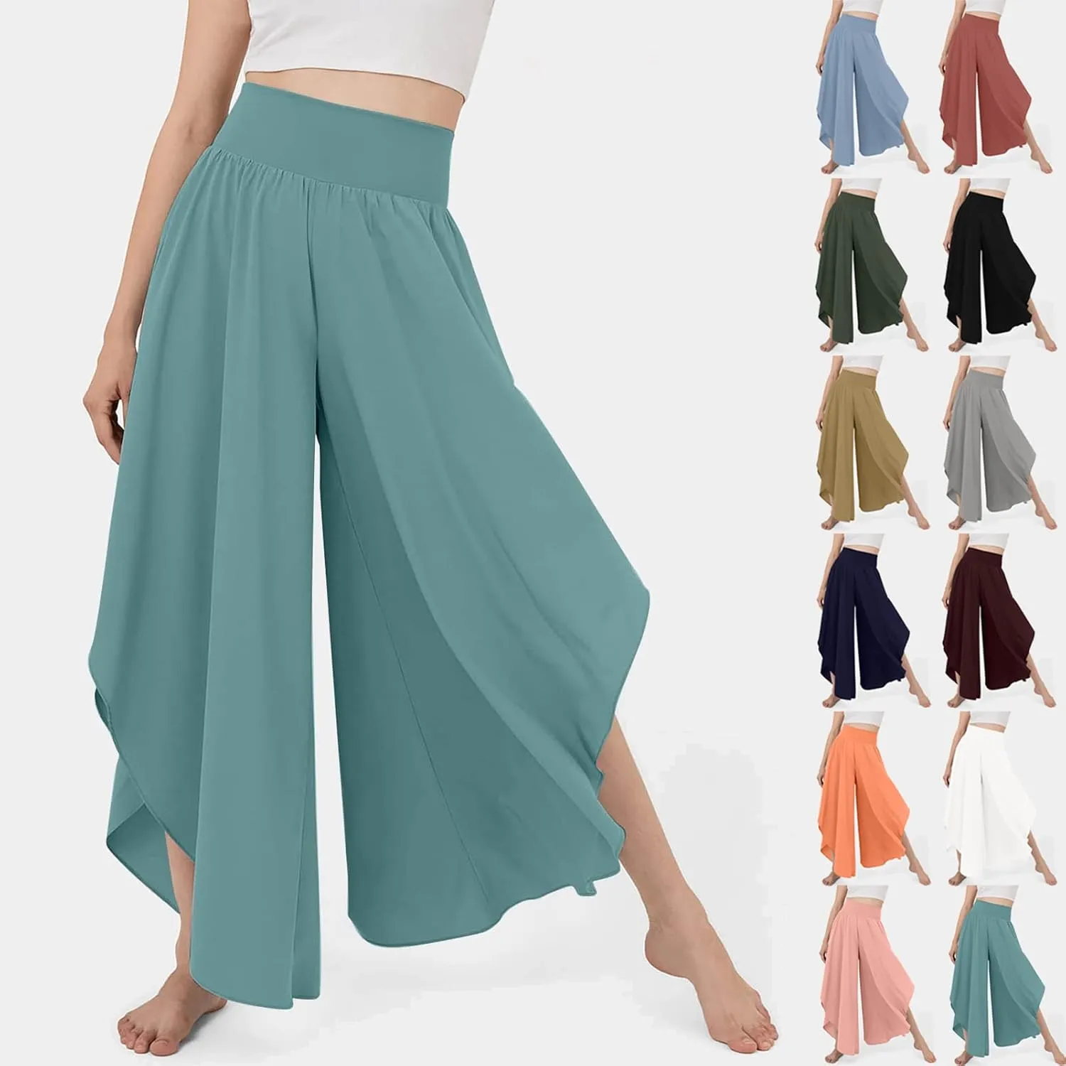 Gumipy Women Flowy Ruffle Wide Leg Pants High Waisted Elastic Waistband Palazzo Pants Flare Yoga Pants Soft Pilates Pants