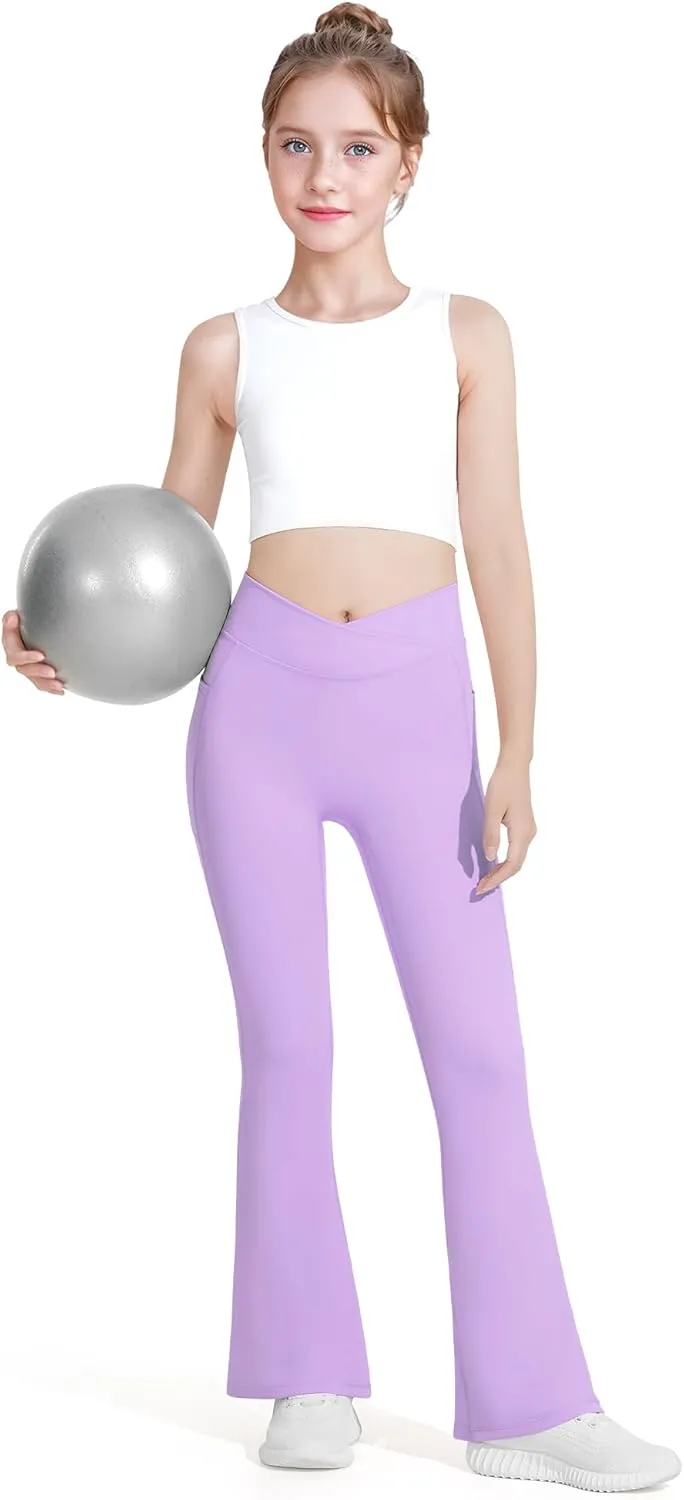 HASMES Girls Flare Leggings with Pockets Kids Bell Bottom High Waisted Flare Yoga Pants for Dance Activewear