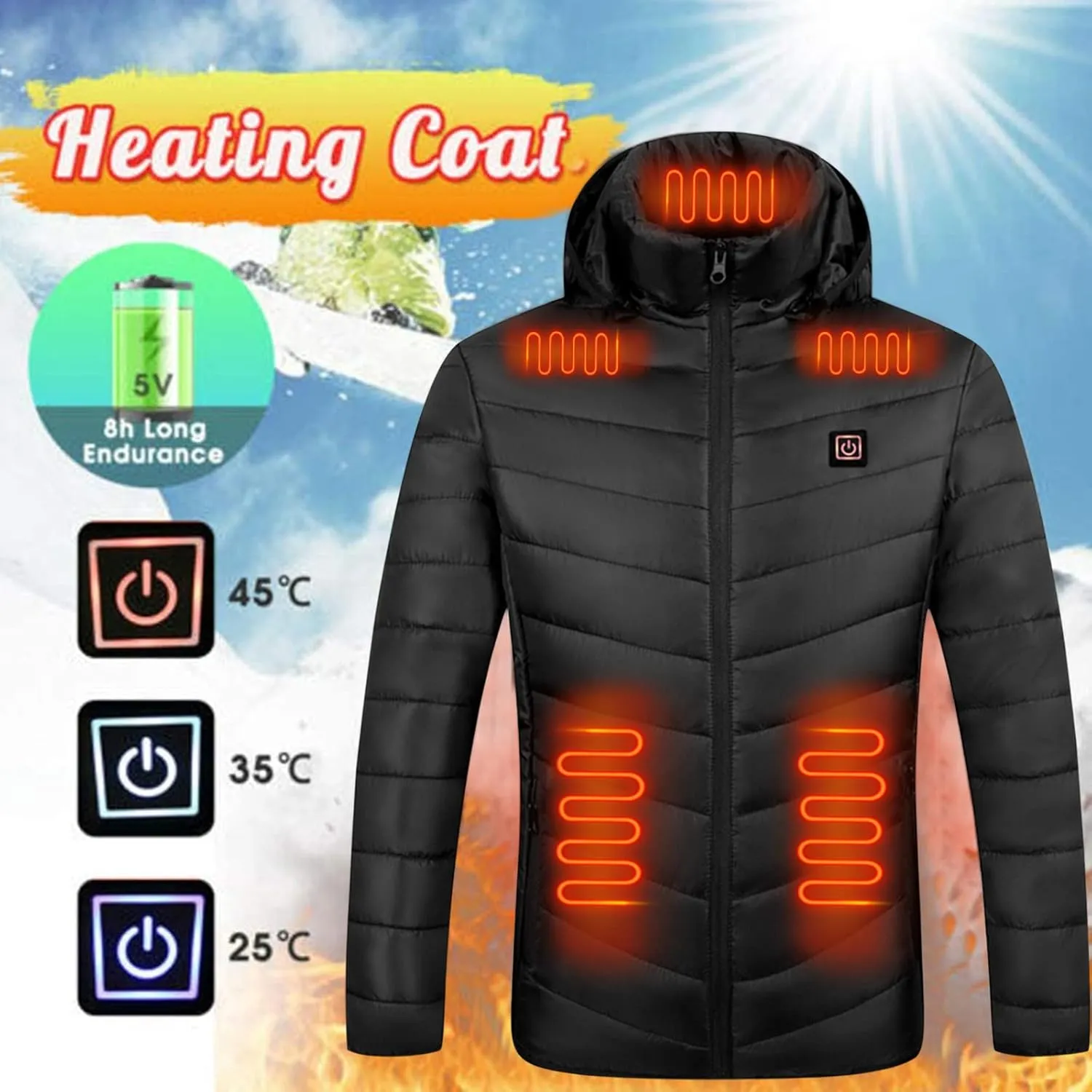 Heated Jacket for Men Multi Heated Zones Women 2024 Winter Outdoor Soft Shell Electric Heating Hooded Windproof Coat