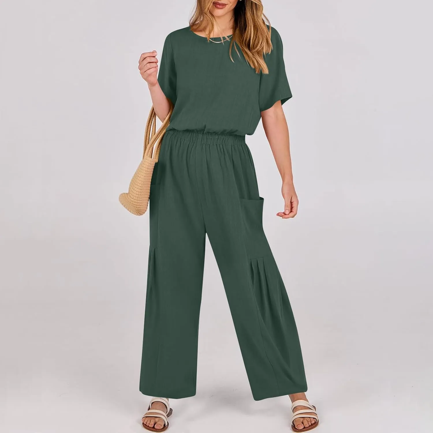 HGps8w Cotton Linen Jumpsuits for Women Casual Wide Leg Pants Romper 2025 Summer Short Sleeve One Piece Outfits with Pockets