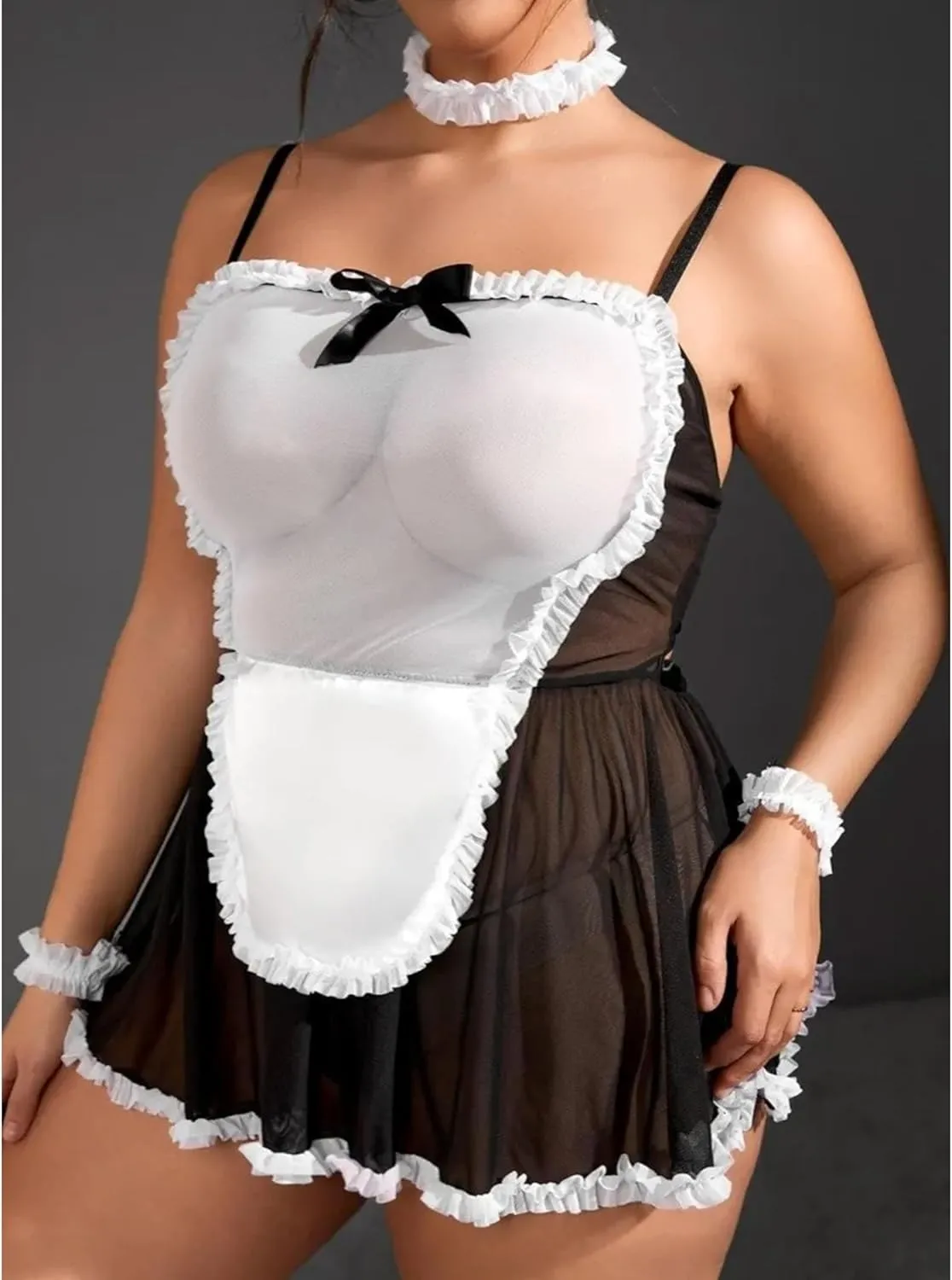 Hilinker Womens Plus Size Sexy Maid Costume Set 5 Piece Lace Lingerie Dress Cosplay Outfits