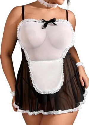 Hilinker Womens Plus Size Sexy Maid Costume Set 5 Piece Lace Lingerie Dress Cosplay Outfits