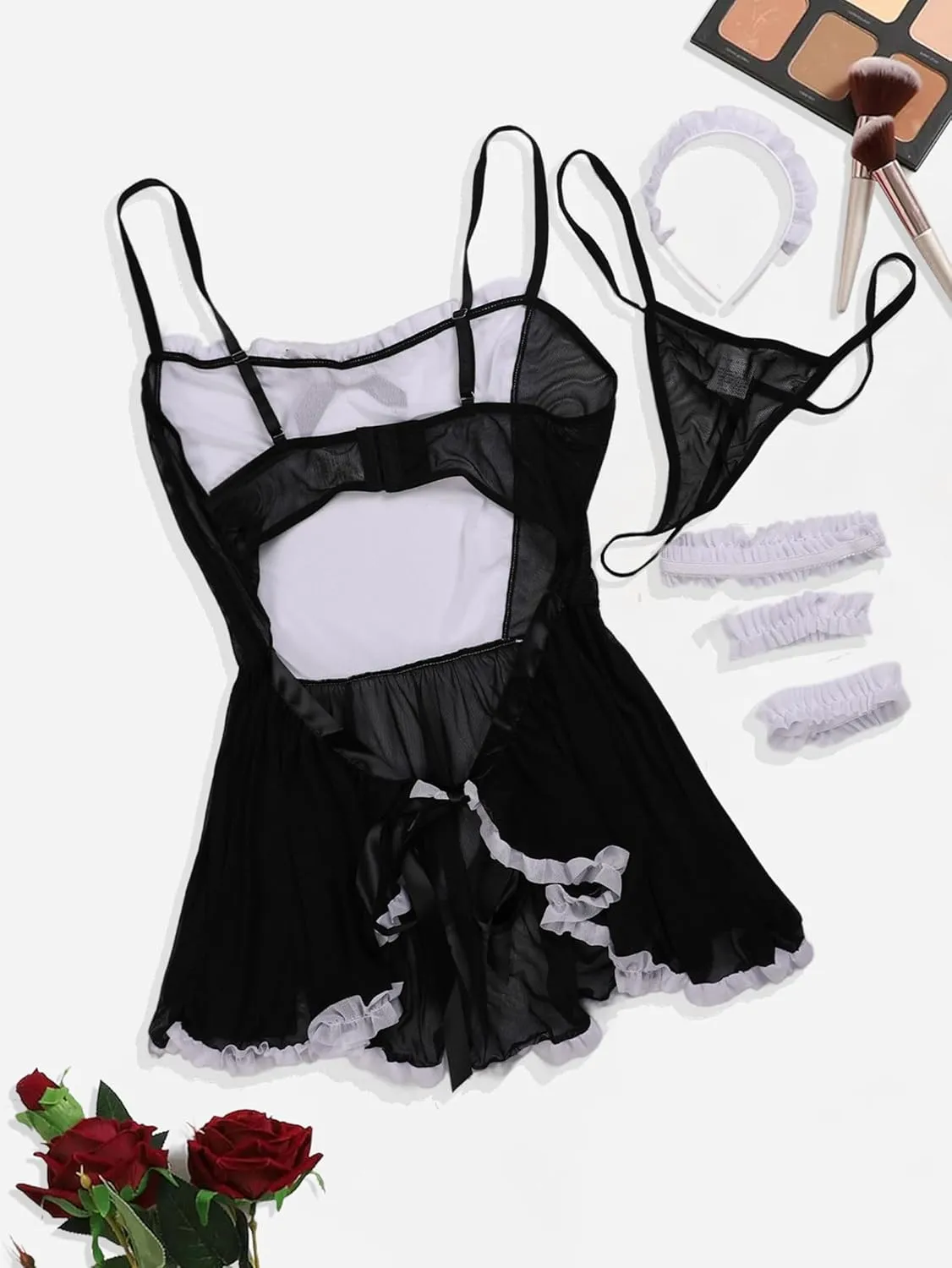 Hilinker Womens Plus Size Sexy Maid Costume Set 5 Piece Lace Lingerie Dress Cosplay Outfits