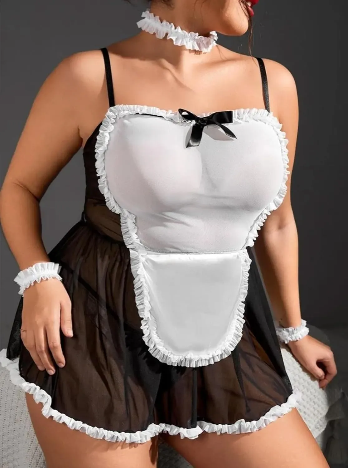 Hilinker Womens Plus Size Sexy Maid Costume Set 5 Piece Lace Lingerie Dress Cosplay Outfits