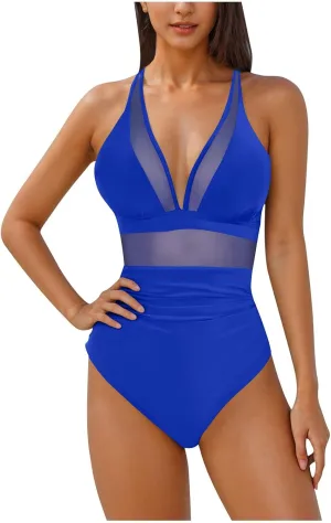 hlysgo Bathing Suits for Women Tummy Control One Piece Swimsuit Sexy Ruched Mesh V Neck Swimwear Spaghetti Straps Monokini