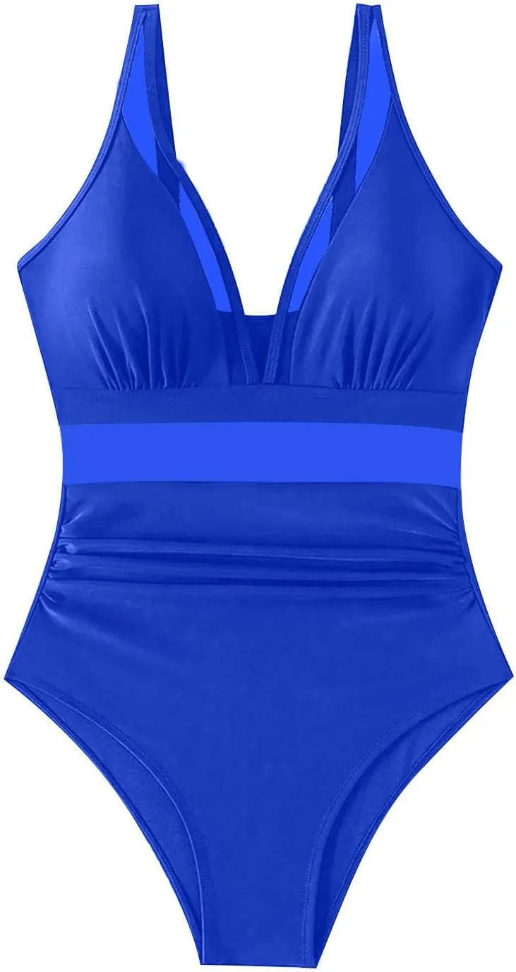 hlysgo Bathing Suits for Women Tummy Control One Piece Swimsuit Sexy Ruched Mesh V Neck Swimwear Spaghetti Straps Monokini
