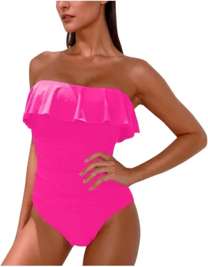 hlysgo Swim Suits for Women 2025 Tummy Control One Piece Bathing Suit Modest Cute Slimming Flattering Ruffle Ladies Swimwear