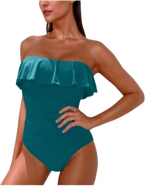 hlysgo Swim Suits for Women 2025 Tummy Control One Piece Bathing Suit Modest Cute Slimming Flattering Ruffle Ladies Swimwear