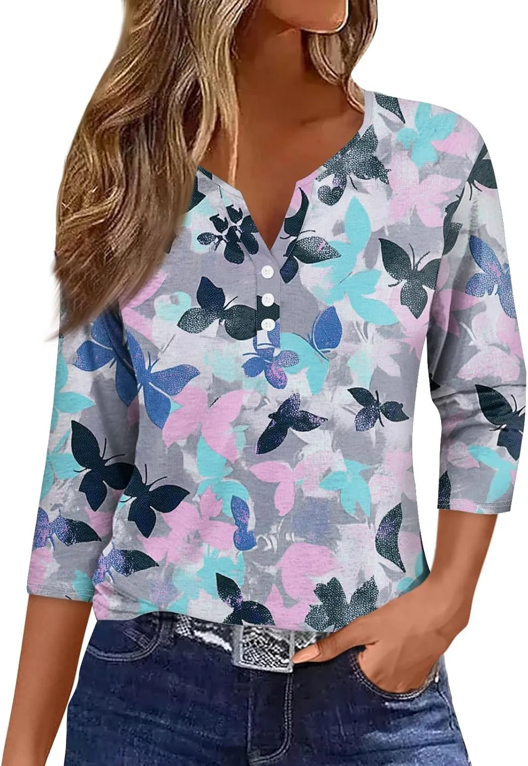 HXHYQKP 3/4 Sleeve Tops for Women V Neck Button Down Shirts Business Casual Outfit Basic Tees Summer Top 2025