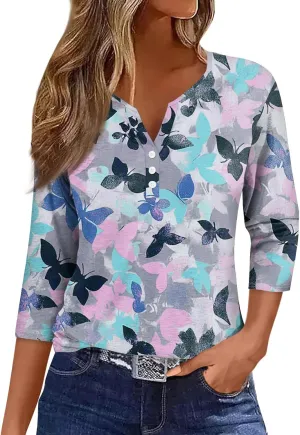 HXHYQKP 3/4 Sleeve Tops for Women V Neck Button Down Shirts Business Casual Outfit Basic Tees Summer Top 2025
