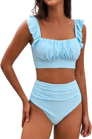 JJHAEVDY Bikini Sets for Women Tummy Control High Waisted Swimsuits Solid Two Piece Bathing Suits Modest Summer Bathing Suit