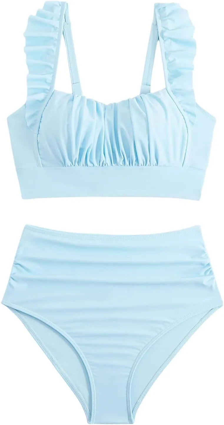 JJHAEVDY Bikini Sets for Women Tummy Control High Waisted Swimsuits Solid Two Piece Bathing Suits Modest Summer Bathing Suit