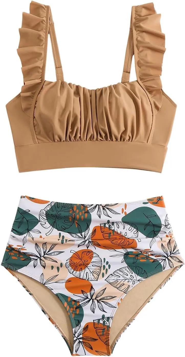 JJHAEVDY Bikini Sets for Women Tummy Control High Waisted Swimsuits Solid Two Piece Bathing Suits Modest Summer Bathing Suit