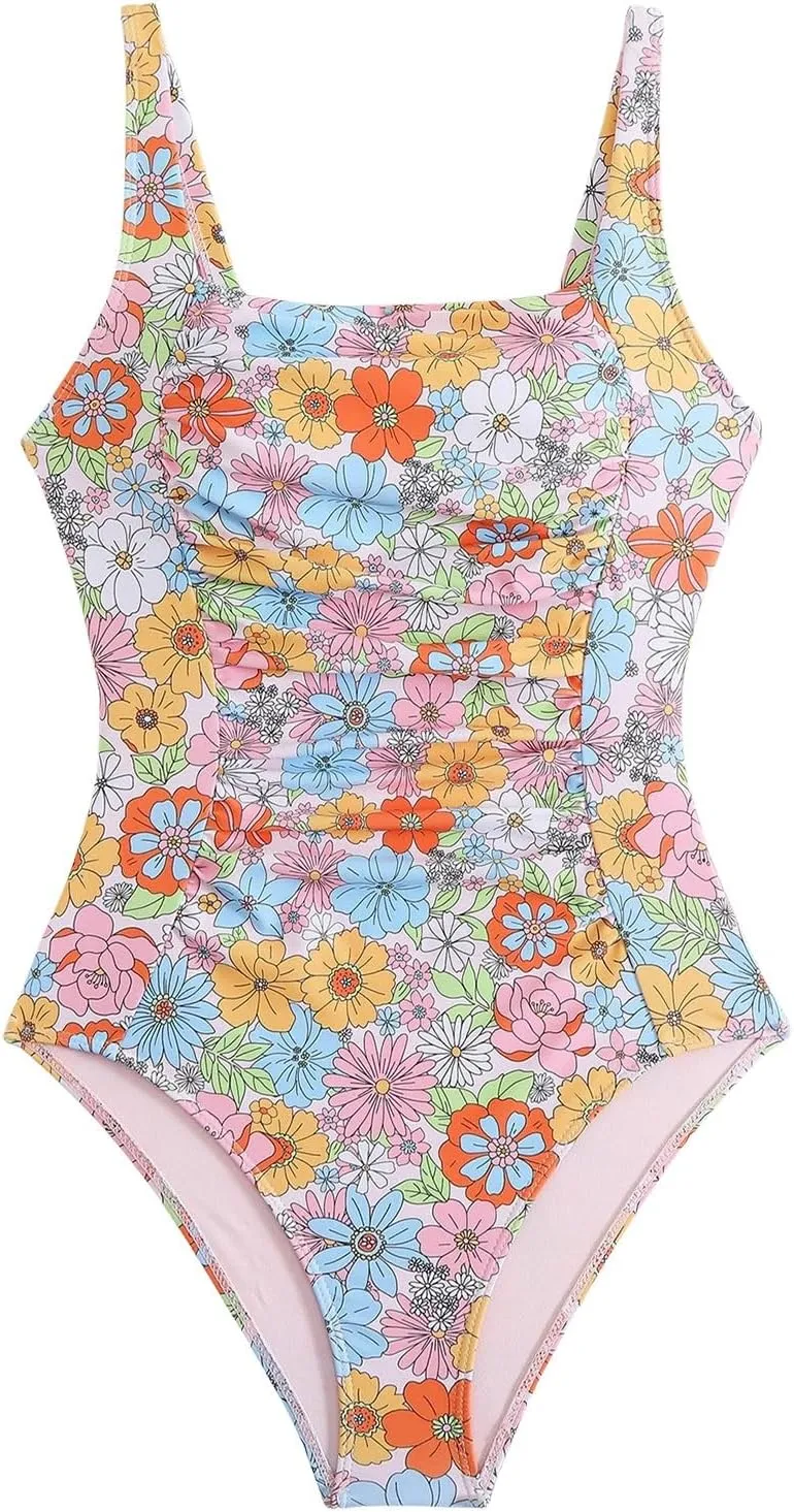 JJHAEVDY One Piece Swimsuit Women Printed Ruched Swimsuit Square Collar Swim Suits Sexy Cheeky Swimwear Modest Bathing Suits