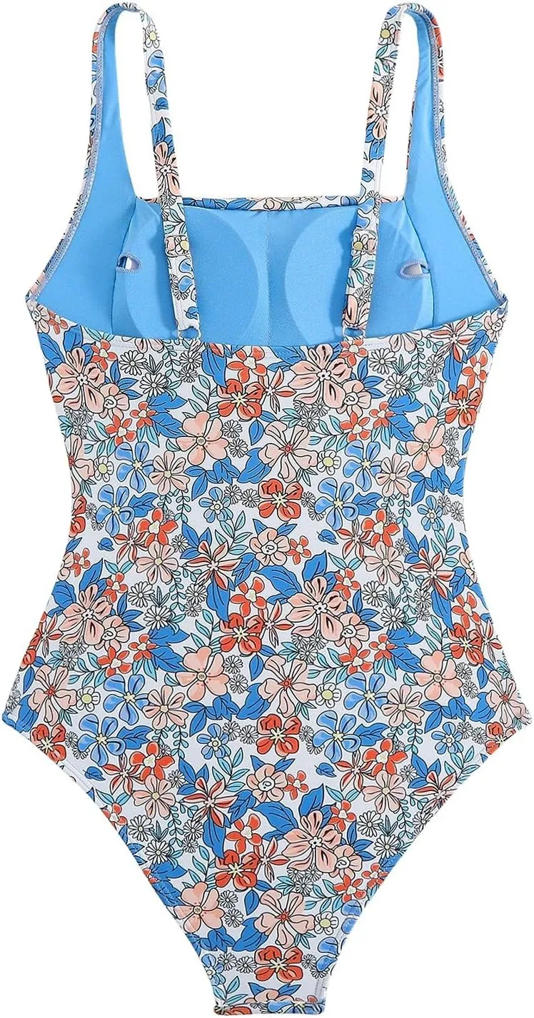 JJHAEVDY One Piece Swimsuit Women Printed Ruched Swimsuit Square Collar Swim Suits Sexy Cheeky Swimwear Modest Bathing Suits