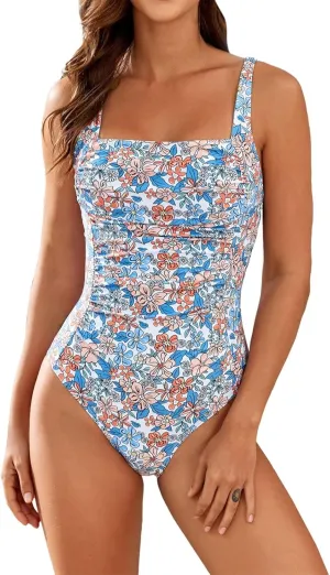 JJHAEVDY One Piece Swimsuit Women Printed Ruched Swimsuit Square Collar Swim Suits Sexy Cheeky Swimwear Modest Bathing Suits