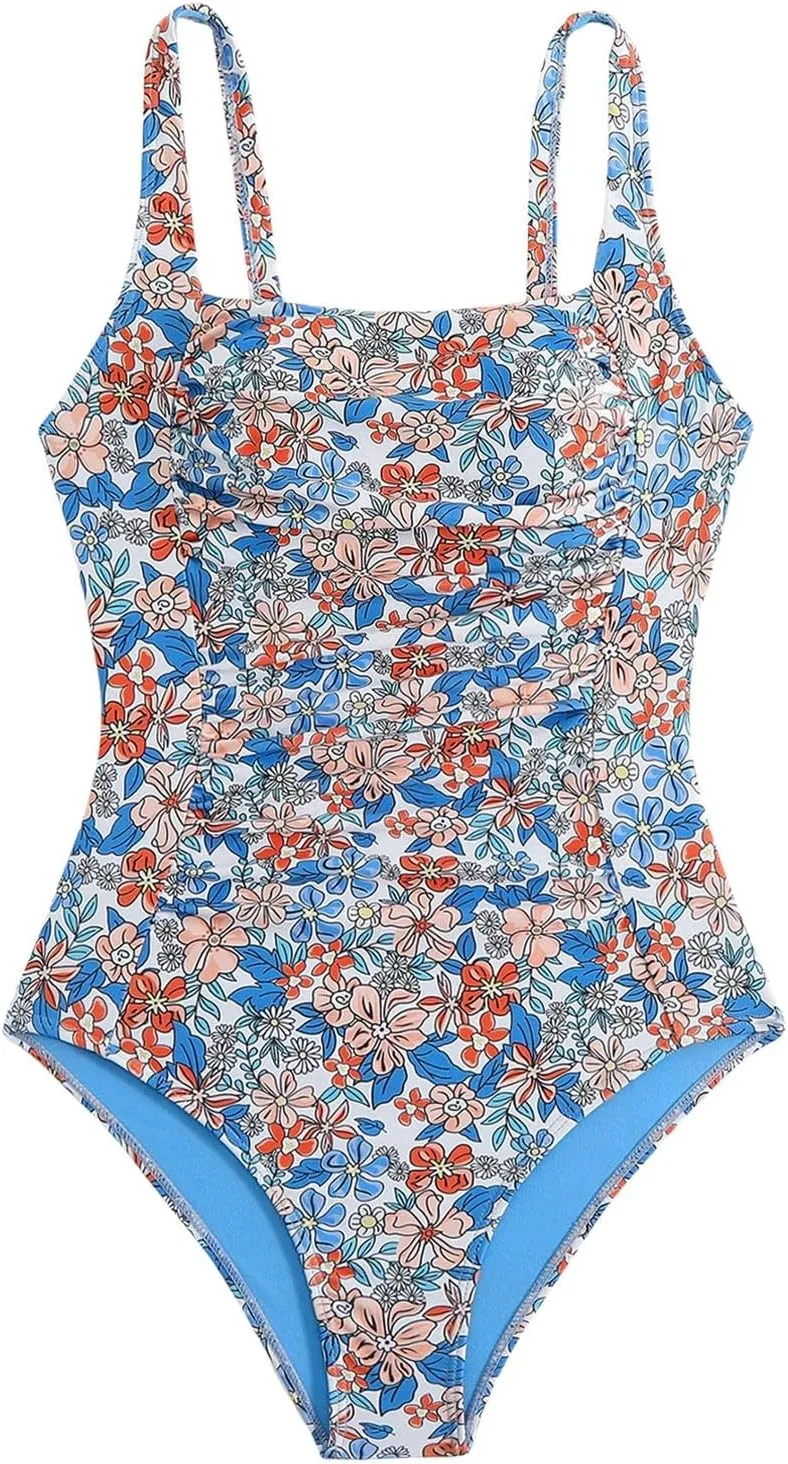 JJHAEVDY One Piece Swimsuit Women Printed Ruched Swimsuit Square Collar Swim Suits Sexy Cheeky Swimwear Modest Bathing Suits