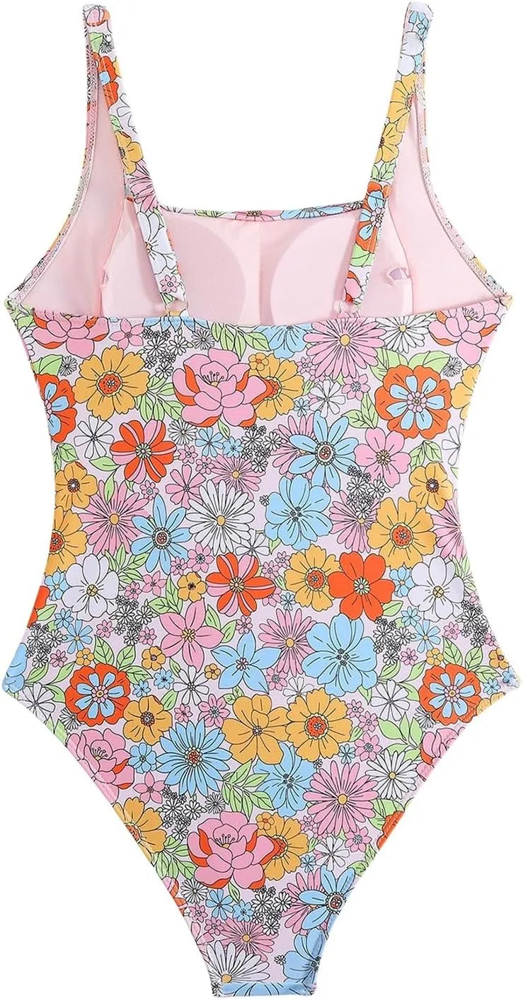 JJHAEVDY One Piece Swimsuit Women Printed Ruched Swimsuit Square Collar Swim Suits Sexy Cheeky Swimwear Modest Bathing Suits