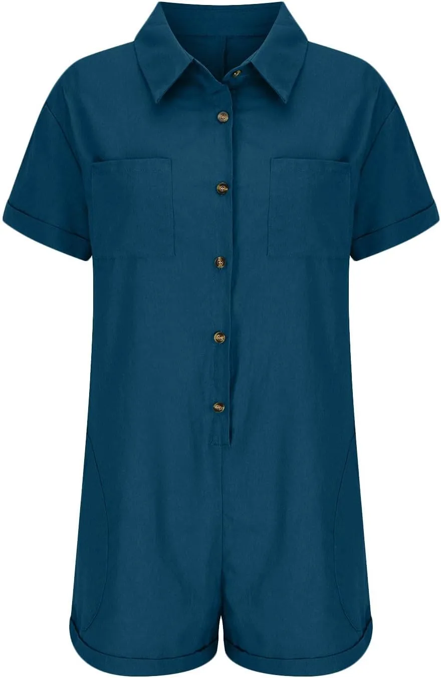 JOAU Women's Lapel Collar Button Down Cotton Linen Short Sleeve Jumpsuits Summer Casual Loose Shorts Rompers with Pockets