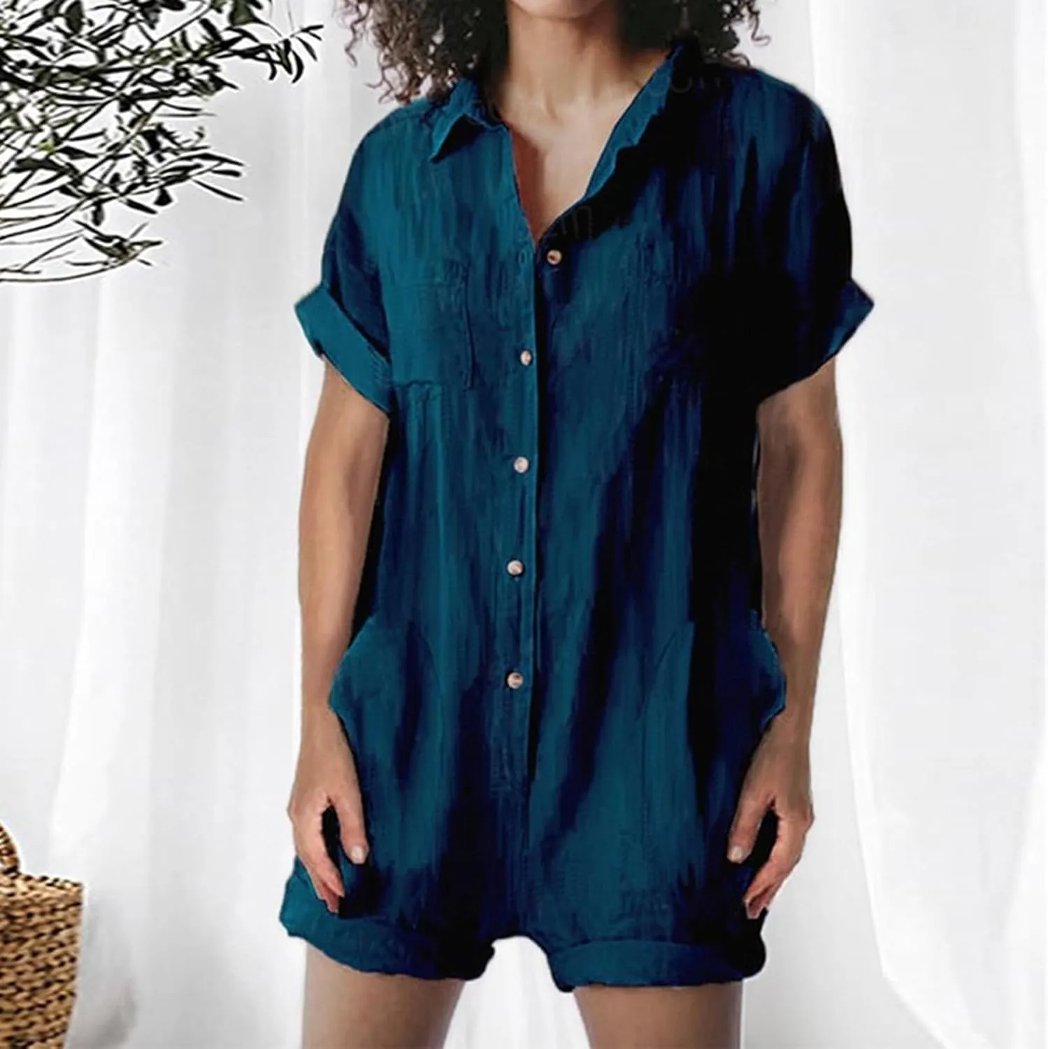 JOAU Women's Lapel Collar Button Down Cotton Linen Short Sleeve Jumpsuits Summer Casual Loose Shorts Rompers with Pockets