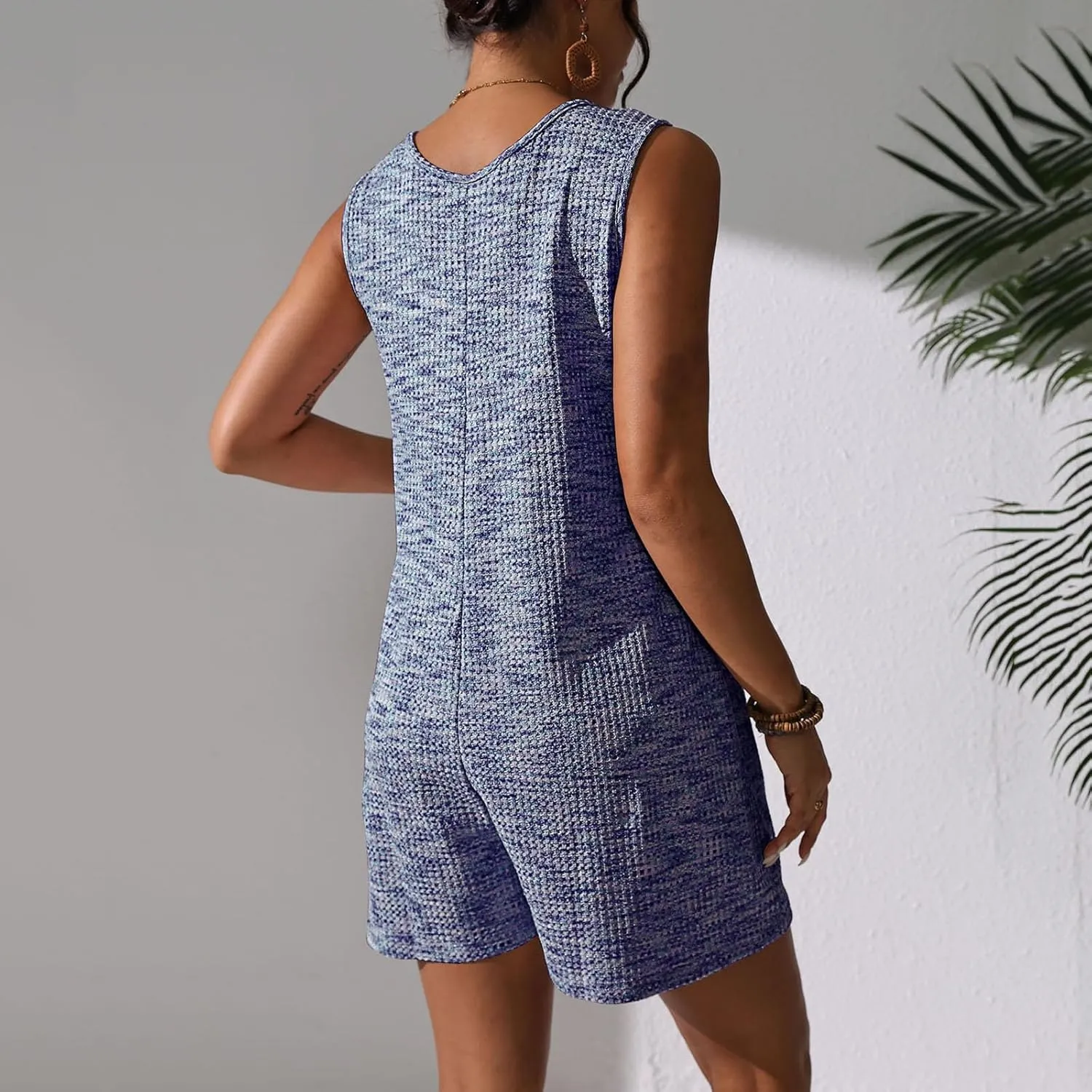 JOAU Womens Short Jumpsuits Cute Crewneck Sleeveless Front Button Loose Fit Casual Summer Waffle Knit Romper with Pockets