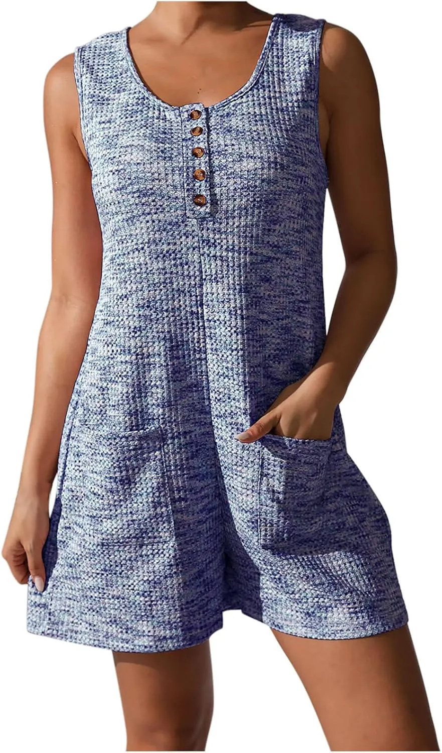 JOAU Womens Short Jumpsuits Cute Crewneck Sleeveless Front Button Loose Fit Casual Summer Waffle Knit Romper with Pockets