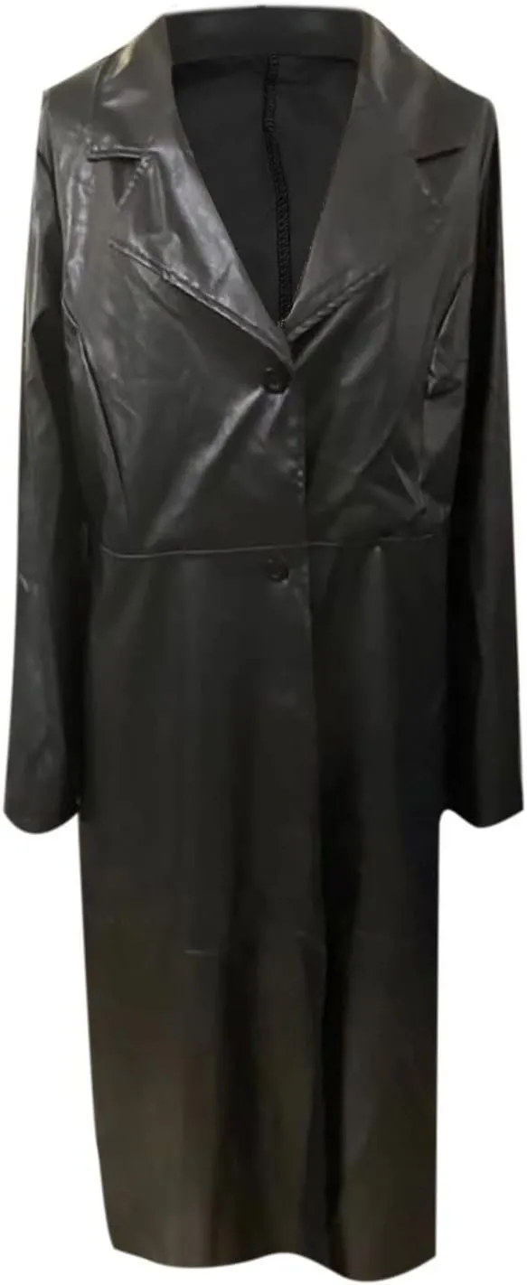 jsaierl Women's Black Leather Trench Coat, 60'S Overcoat, Ankle Length Long Coat, Single Breasted Lapel Jackets Coat Outwear