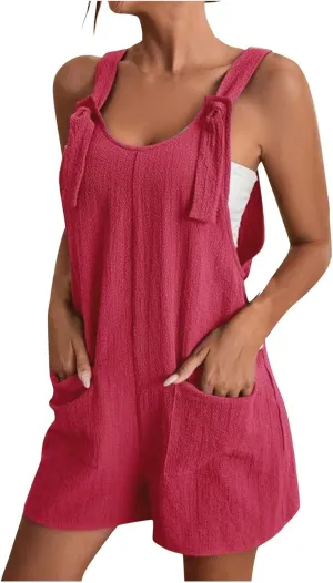 Jumpsuit for Women Linen Short Overalls Summer Beach Sleeveless Jumpers Loose Adjustable Rompers Jumpsuits