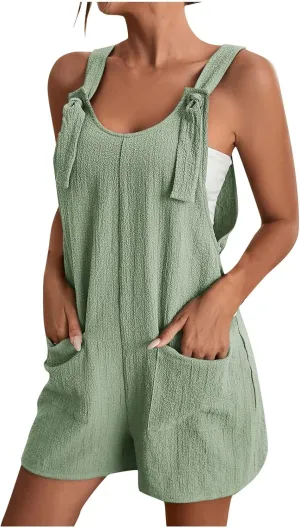 Jumpsuit for Women Linen Short Overalls Summer Beach Sleeveless Jumpers Loose Adjustable Rompers Jumpsuits