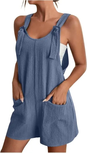 Jumpsuits for Women Linen Shorts Jumpsuits Summer Casual Sleeveless Romper Loose Adjustable Overalls with Pockets