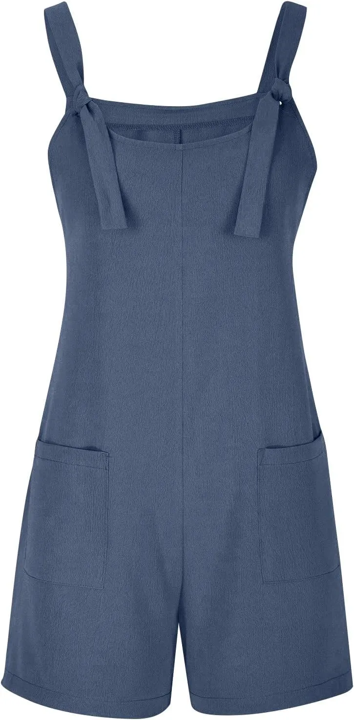 Jumpsuits for Women Linen Shorts Jumpsuits Summer Casual Sleeveless Romper Loose Adjustable Overalls with Pockets