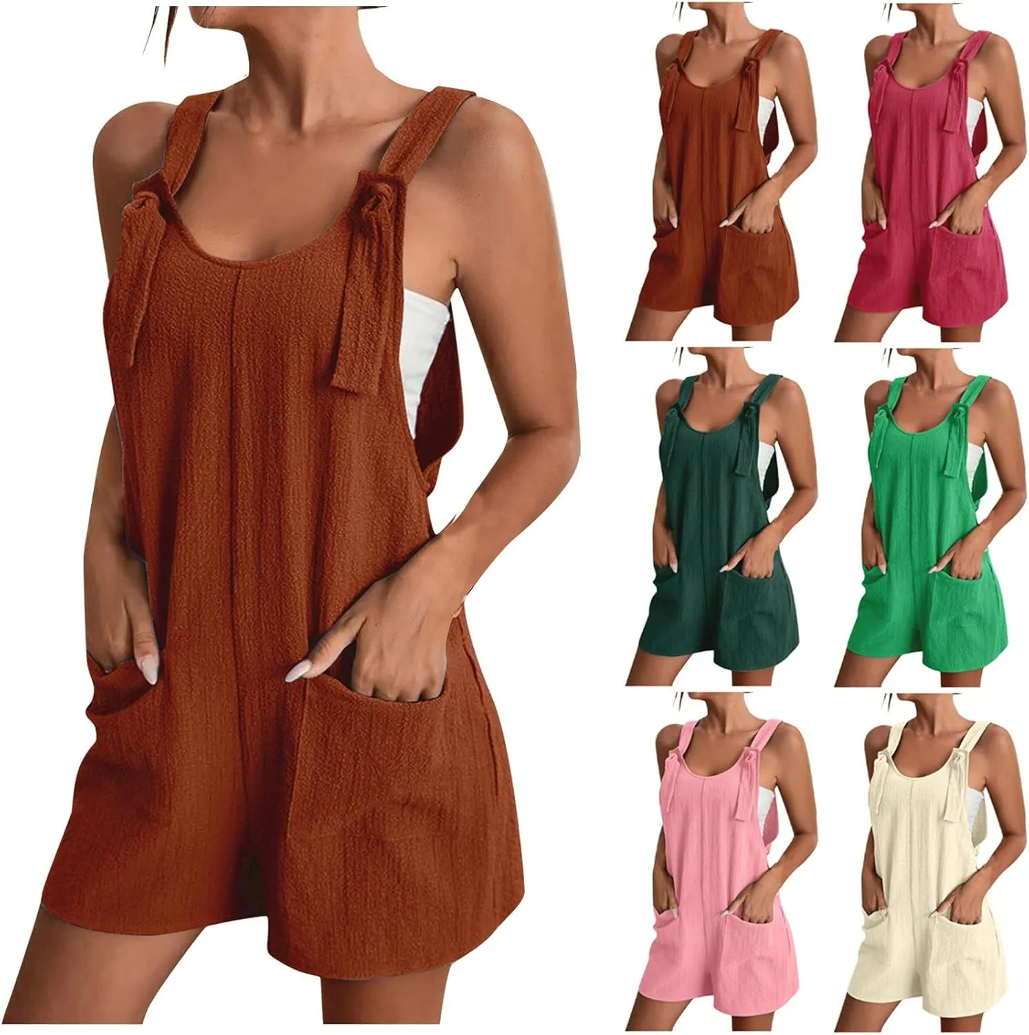 Jumpsuits for Women Linen Shorts Jumpsuits Summer Casual Sleeveless Romper Loose Adjustable Overalls with Pockets