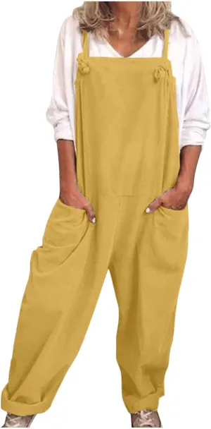 Jumpsuits for Women Women's Cotton and Linen Pocket Casual Loose Long Camisole Jumpsuit Casual Solid Sleeveless