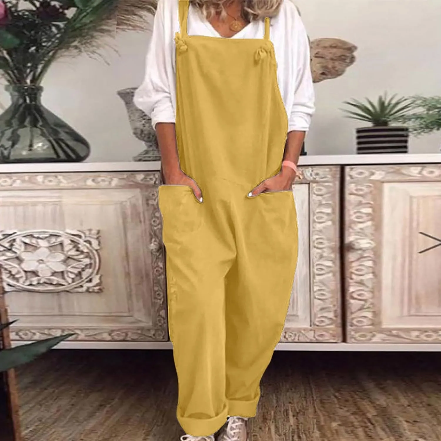 Jumpsuits for Women Women's Cotton and Linen Pocket Casual Loose Long Camisole Jumpsuit Casual Solid Sleeveless