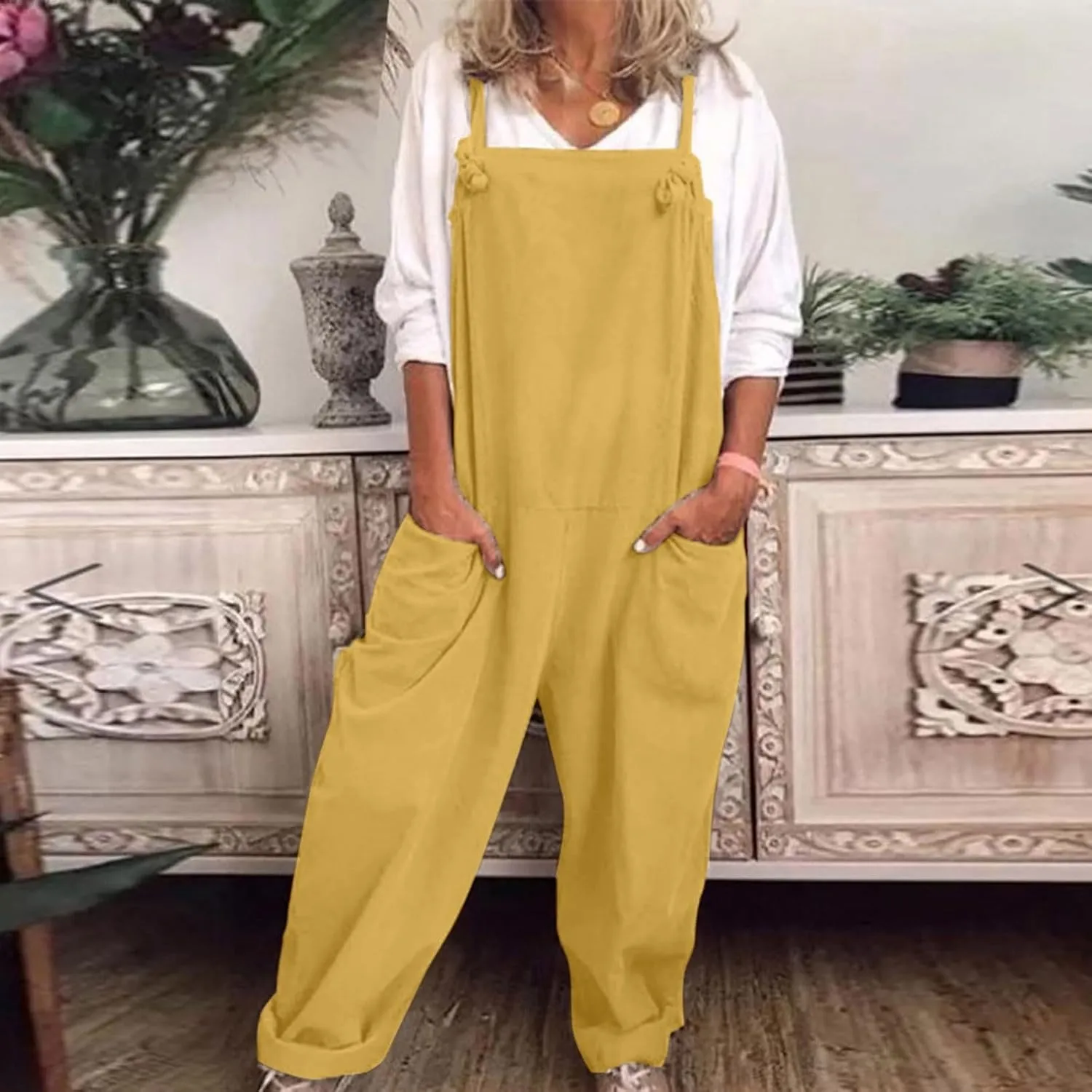Jumpsuits for Women Women's Cotton and Linen Pocket Casual Loose Long Camisole Jumpsuit Casual Solid Sleeveless