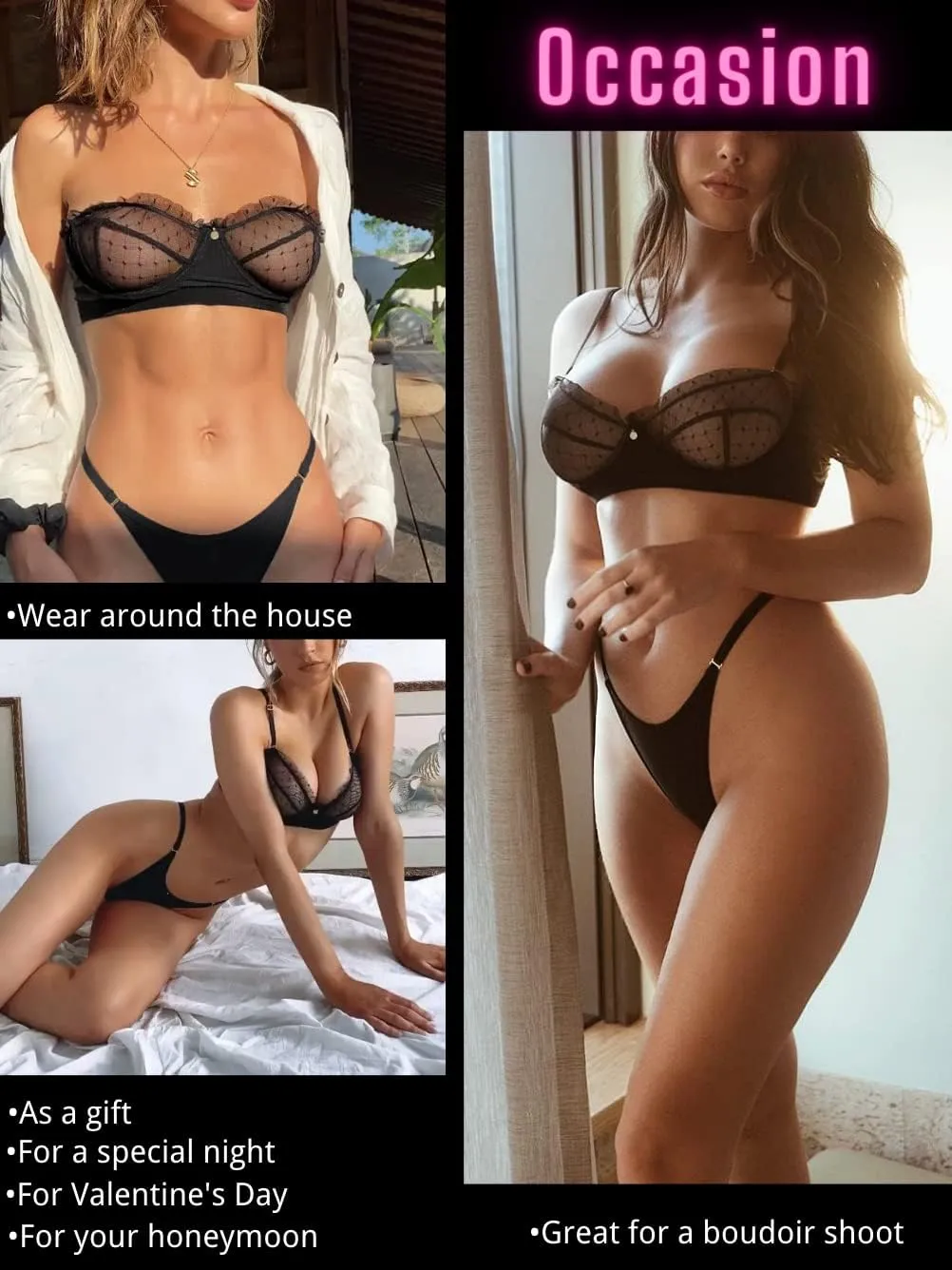 Kaei&Shi Sexy Lingerie for Women,Ruffle 2 Piece Lace Lingerie Set,Sheer Bra and Panty Sets Valentine
