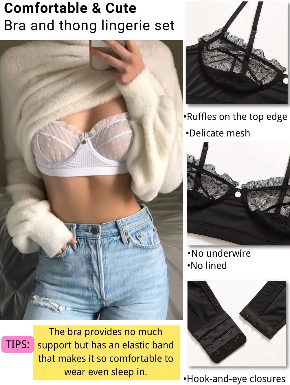 Kaei&Shi Sexy Lingerie for Women,Ruffle 2 Piece Lace Lingerie Set,Sheer Bra and Panty Sets Valentine