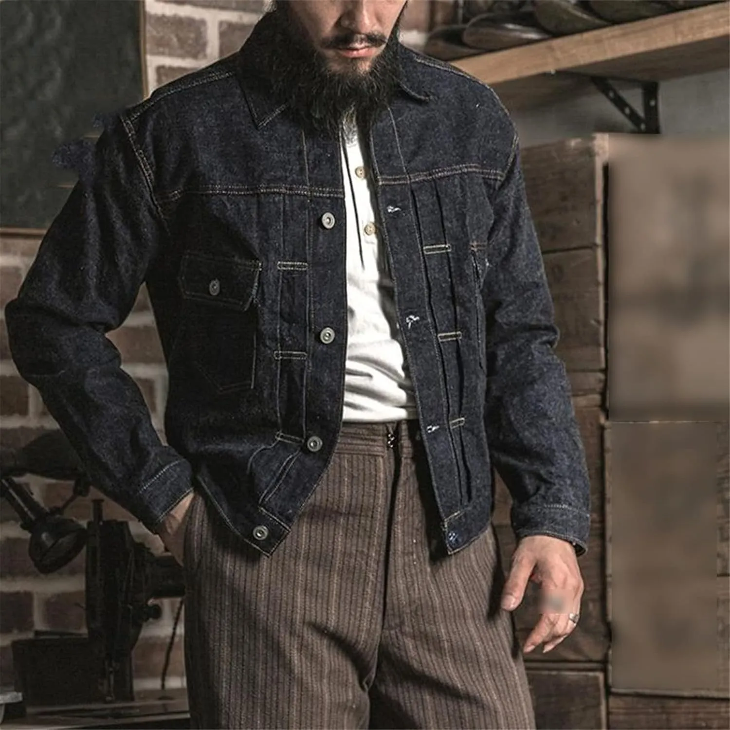 Kelsiop Men's Denim Jacket Trimmed Vintage Trucker Overalls