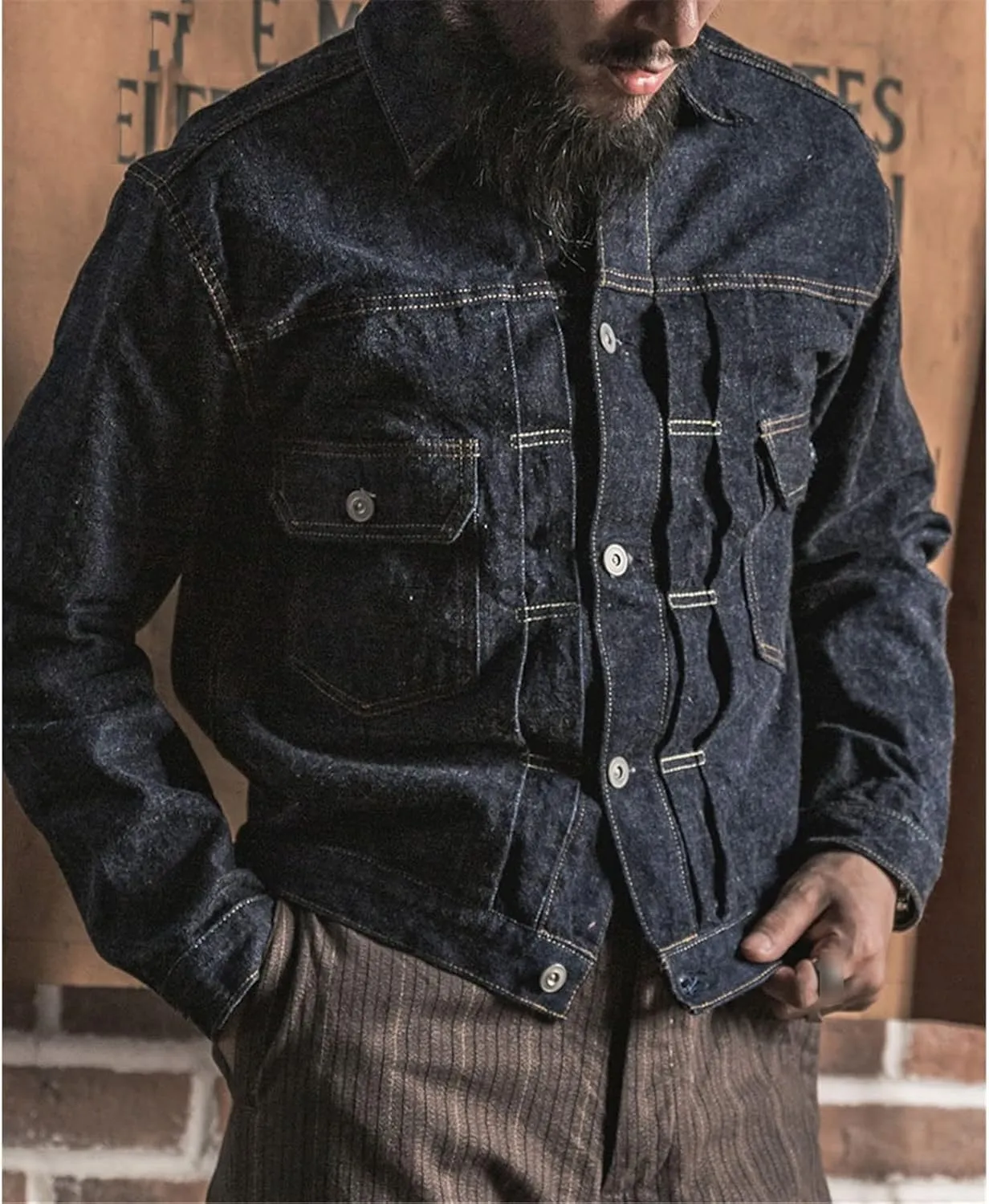 Kelsiop Men's Denim Jacket Trimmed Vintage Trucker Overalls