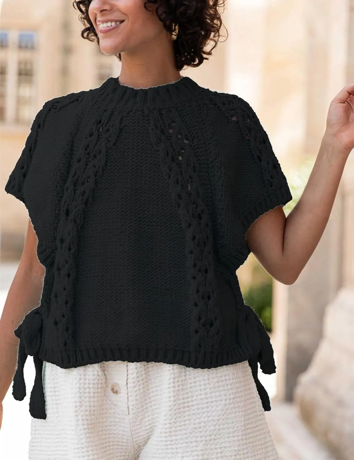 Knitted Tops Short Sleeve Sweater for Women Lace Up Crew Neck Crochet Tops Hollow Out Pullover Shirts