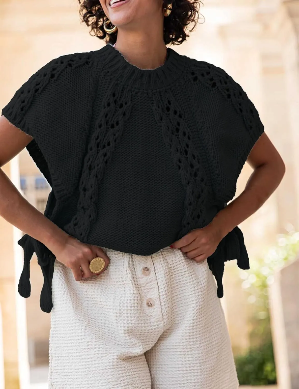 Knitted Tops Short Sleeve Sweater for Women Lace Up Crew Neck Crochet Tops Hollow Out Pullover Shirts