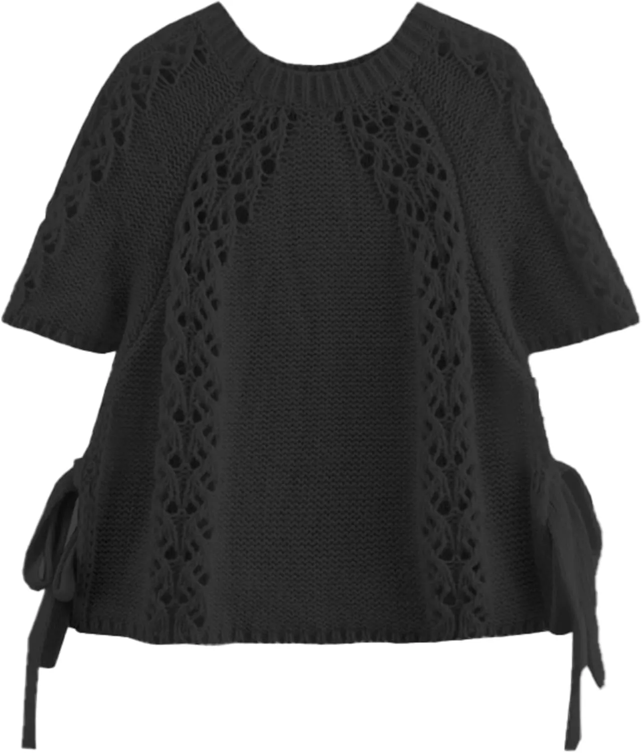 Knitted Tops Short Sleeve Sweater for Women Lace Up Crew Neck Crochet Tops Hollow Out Pullover Shirts