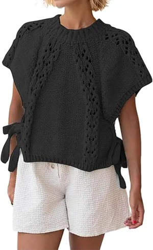Knitted Tops Short Sleeve Sweater for Women Lace Up Crew Neck Crochet Tops Hollow Out Pullover Shirts