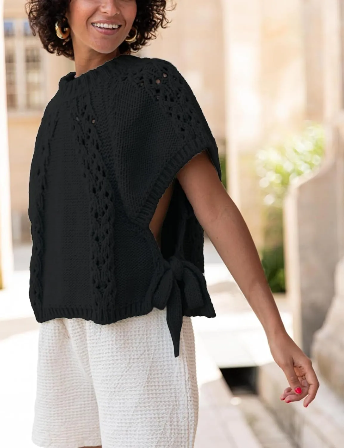 Knitted Tops Short Sleeve Sweater for Women Lace Up Crew Neck Crochet Tops Hollow Out Pullover Shirts