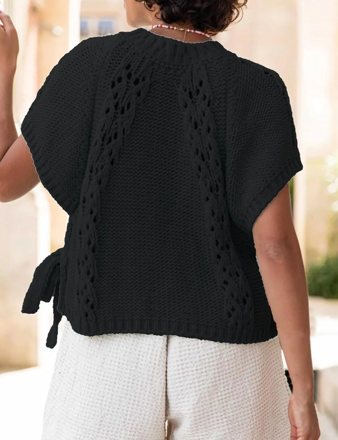 Knitted Tops Short Sleeve Sweater for Women Lace Up Crew Neck Crochet Tops Hollow Out Pullover Shirts