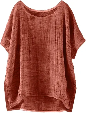 Linen Cotton Shirts for Women Vintage T-Shirt Loose Fit Crewneck Solid Color Casual Dressy Blouse Summer Gauze Tops