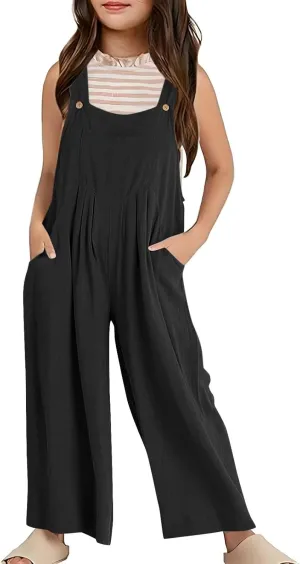 Linen Overalls for Girls Summer Sleeveless Jumpsuits Boho Wide Leg Pants Casual Solid Rompers Beach Preppy Clothes