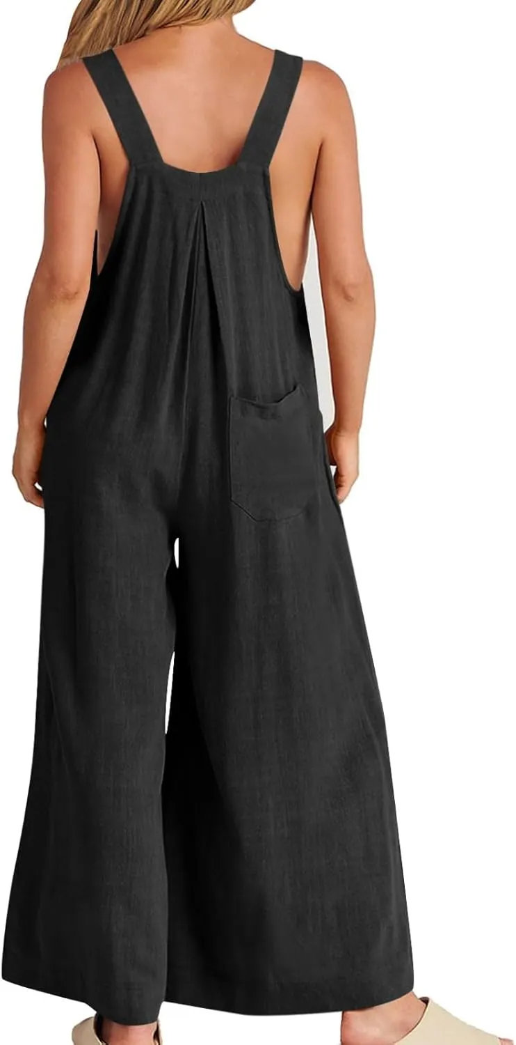 Linen Overalls for Girls Summer Sleeveless Jumpsuits Boho Wide Leg Pants Casual Solid Rompers Beach Preppy Clothes